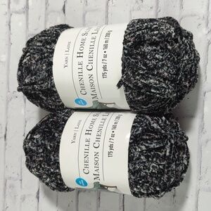 RARE!  2 Brand New Skeins Loops & Threads Chenille Home Slim Yarn Black Tweed